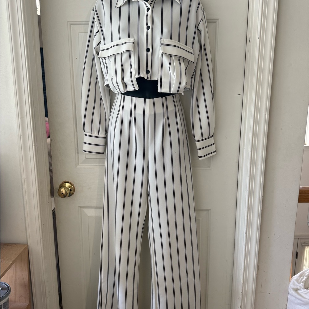Love J Black and White Striped Jumpsuit with Palazzo Legs